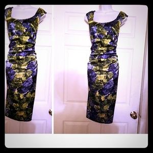 Beautiful sateen blue&gold print sheath dress